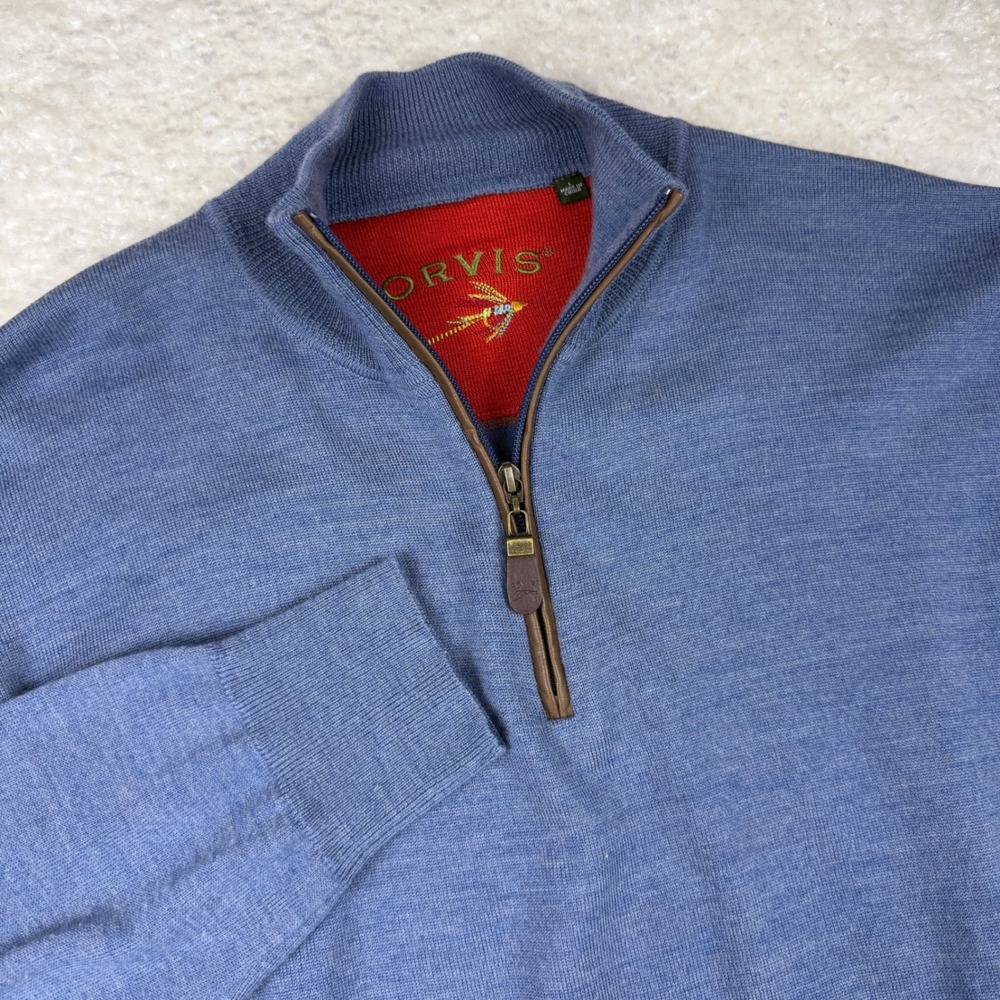 Orvis Sweater Mens L Blue 100% Merino Wool Quarter Zip Pullover 698261